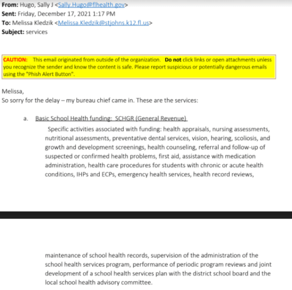 Screenshot of Dec. 17 Email from Sally Hugo, Florida School Health Liaison, Division of Community Health Services, School Health Services Program. (Courtesy of Stacie Morales through Public Information Request)