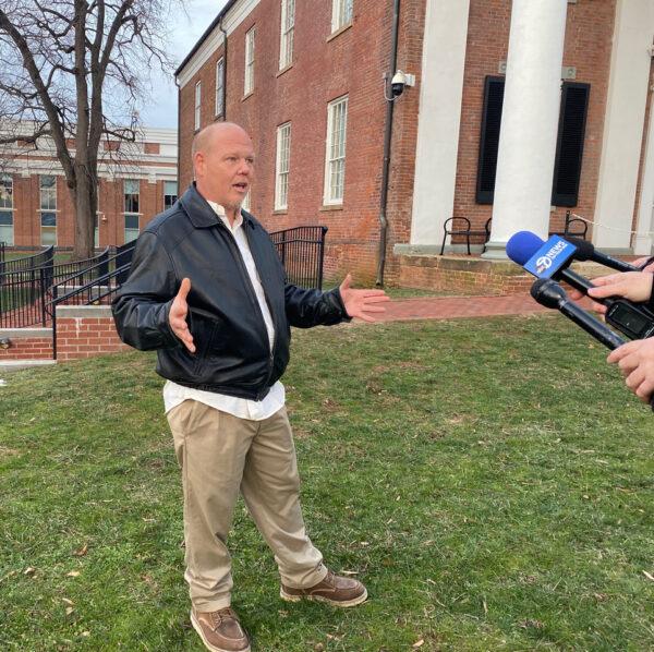 Scott Smith, father of a rape victim, during a media interview in front of the Loudoun County District Courthouse in Leesburg, Va., on Jan. 12, 2022. (Terri Wu/The Epoch Times)