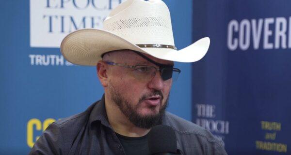 In this file image from video, Oath Keepers founder Stewart Rhodes talks to The Epoch Times. (The Epoch Times)