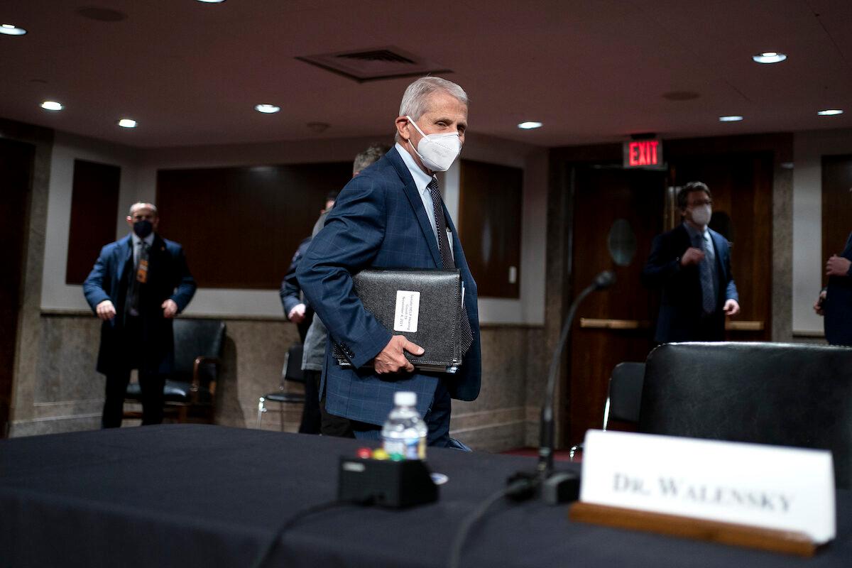 Dr. Anthony Fauci, White House chief medical adviser and director of NIAID, arrives for a Senate Health, Education, Labor, and Pensions Committee hearing on Capitol Hill in Washington on Jan. 11, 2022. (Greg Nash-Pool/Getty Images)