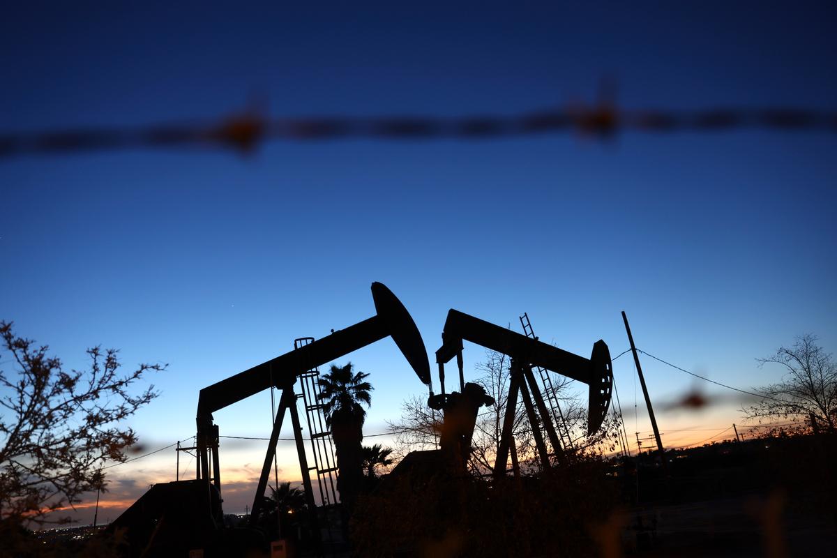 Oil pumpjacks in the Inglewood Oil Field in Los Angeles, Calif., on Jan. 28, 2022. (Mario Tama/Getty Images)
