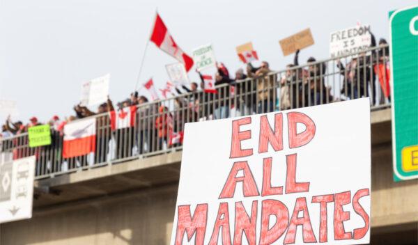 People on a highway overpass support the Freedom Rally and the protest of the truck drivers against vaccine mandates, in Surrey, British Columbia, Canada, on Jan. 29, 2022. (EdgarBullon/Shutterstock)