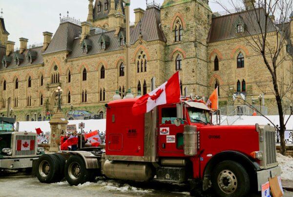Parked trucks by Parliament, as demonstrations continue in Ottawa against COVID-19 mandates and restrictions, on Feb. 9, 2022. (Jonathan Ren/The Epoch Times)