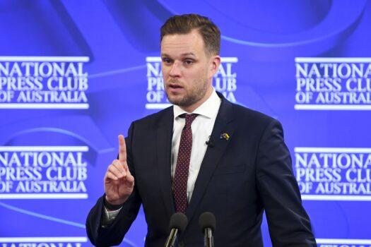Lithuanian Foreign Affairs Minister Gabrielius Landsbergis addresses the National Press Club in Canberra, Australia, on Feb. 10, 2022. (AAP Image/Lukas Coch)