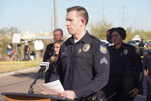 Police Sgt. Andy Williams addresses the media at a press conference following an early morning ambush shooting that wounded nine police officers, one critically, in Phoenix, Ariz., on Feb. 11, 2022. (Allan Stein/The Epoch Times)