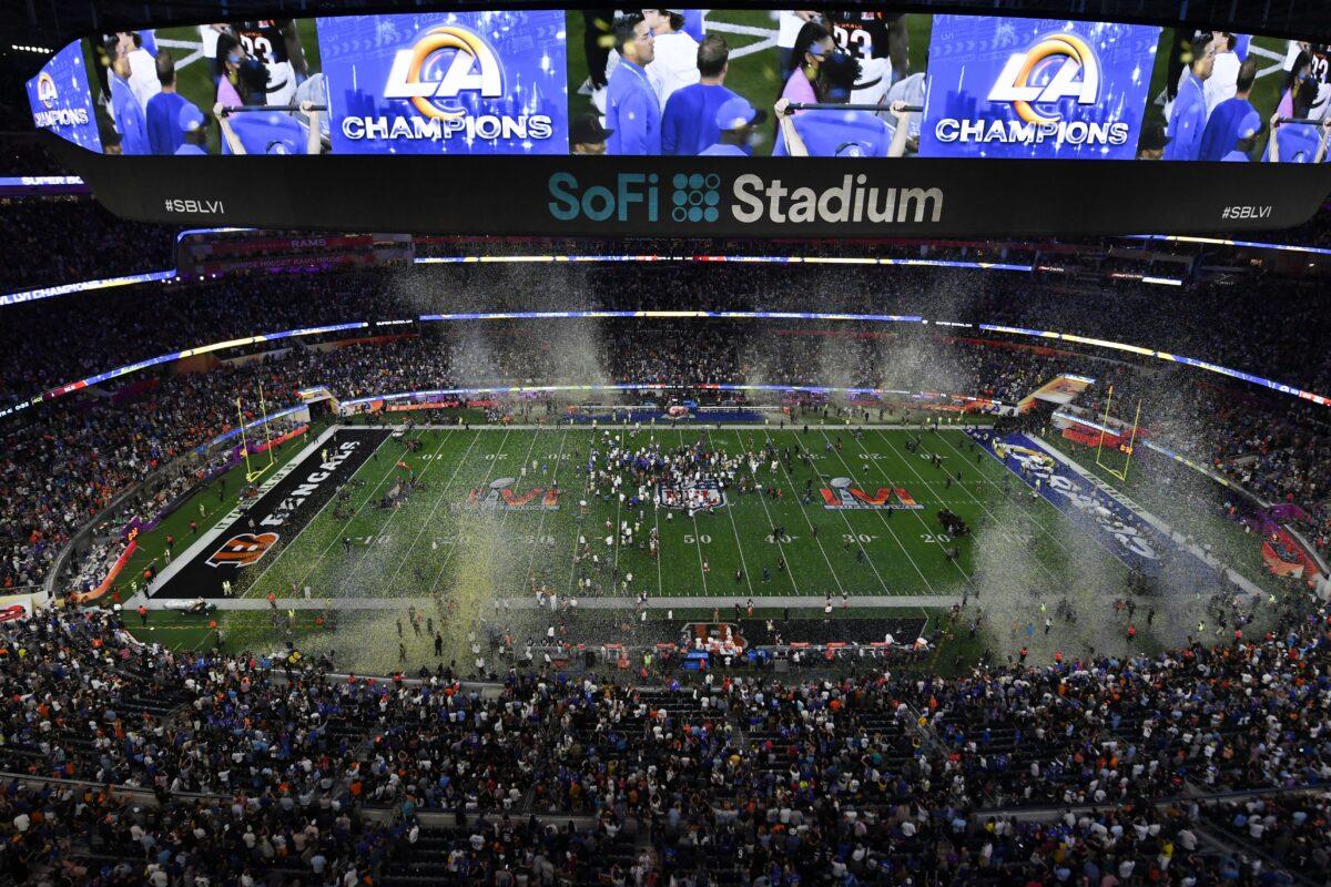 Confettis are falling on the field after the Rams' victory at Super Bowl LVI between the Los Angeles Rams and the Cincinnati Bengals at SoFi Stadium in Inglewood, Calif., on Feb. 13, 2022. (Valerie Macon/AFP via Getty Images)
