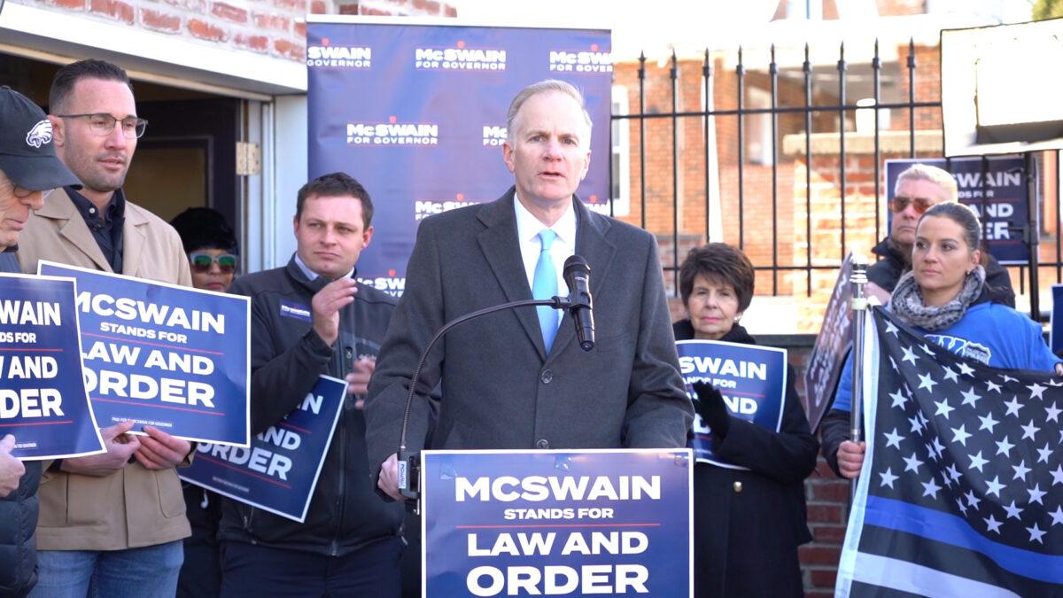Bill McSwain, a Republican candidate for Pennsylvania governor, holds a press conference in northeast Philadelphia on Feb. 15, 2022. (William Huang/The Epoch Times)