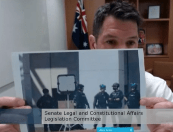 Australian Senator Alex Antic holds up an image of a long range acoustic device that was circulating on social media at a Senate estimates hearing in Canberra, Australia, on Feb. 14, 2022. (Screenshot by The Epoch Times)