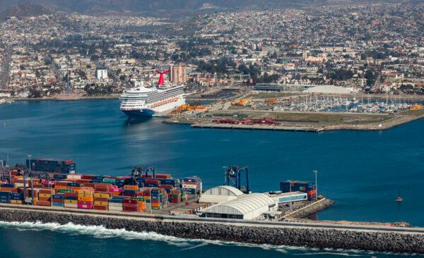 Cruise ships sit docked in the coastal city of Ensenada, Mex. on Jan. 26, 2022. (John Fredricks/The Epoch Times)