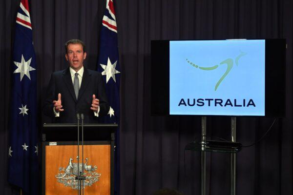 Minister for Trade Dan Tehan at a press conference to launch Australia’s Nation Brand and tagline at Parliament House in Canberra, Australia, on Feb. 18, 2022. (AAP Image/Mick Tsikas)