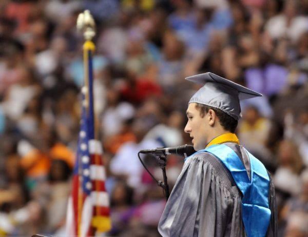 Griffin giving his speech at his high school graduation ceremony. (Courtesy ofGriffin Furlong)