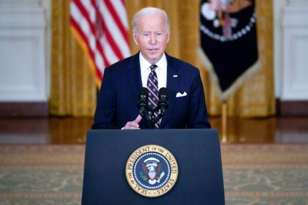 President Joe Biden speaks on developments in Ukraine and Russia, announcing sanctions against Russia, from the East Room of the White House on Feb. 22, 2022. (Drew Angerer/Getty Images)
