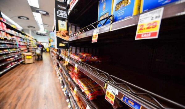 Empty shelves for pasta are seen at a supermarket in Monterey Park, Calif., on Jan. 13, 2022. (Frederic Brown/AFP via Getty Images)