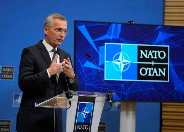 NATO Secretary-General Jens Stoltenberg speaks during a media conference at NATO headquarters in Brussels, Belgium, on Feb. 24, 2022. (Virginia Mayo/AP Photo)