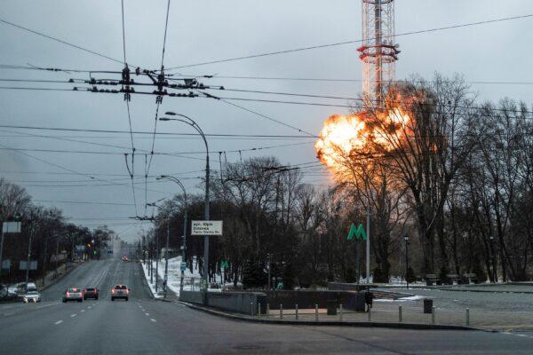 A blast is seen in the TV tower, amid Russia's invasion of Ukraine, in Kyiv, Ukraine on March 1, 2022. (Carlos Barria/Reuters)