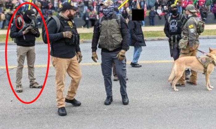 Joshua James with other Oath Keepers near the U.S. Capitol on Jan. 6, 2021. (U.S. Department of Justice/Screenshot via The Epoch Times)