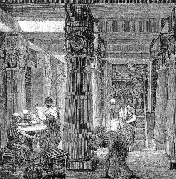 "The Great Library of Alexandria,” 19th century, by O. Von Corven. From “The Memory of Mankind,” Oak Knoll Press. (PD-US)