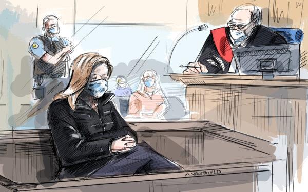 Court sketch shows Tamara Lich at her bail hearing in Ottawa, on March 7, 2022, as Justice John M. Johnston looks on. (The Canadian Press/Alexandra Newbould)