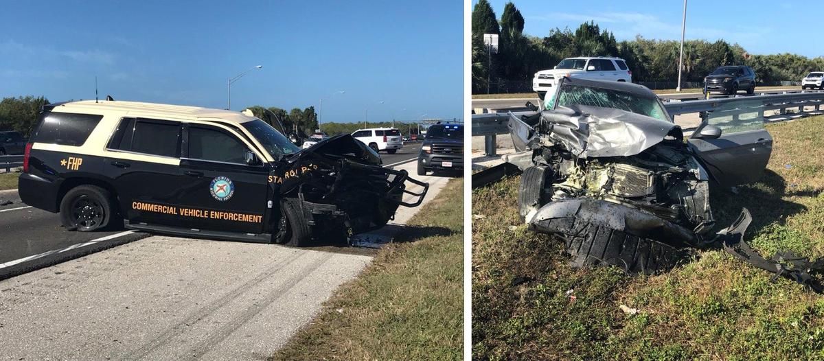 Both the Trooper's and Watts's vehicle sustained frontal damage from the head-on collision. (Courtesy ofFlorida Highway Patrol)