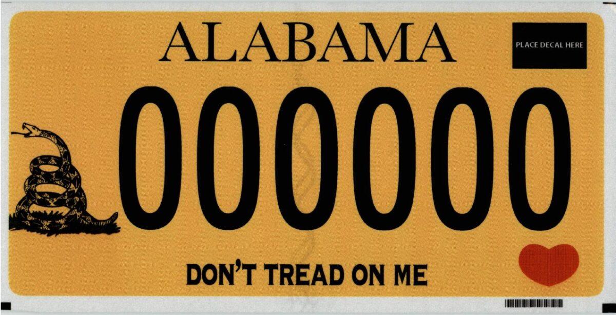 Don't Tread on Me sample license plate from the state of Alabama. (Alabama Dept. of Revenue)