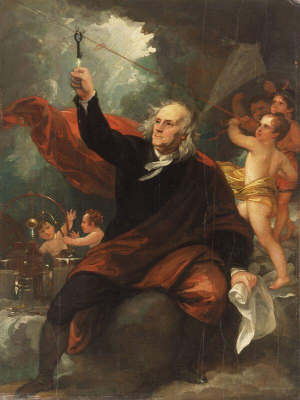 “Benjamin Franklin Drawing Electricity From the Sky,” circa 1816, by Benjamin West. Oil on slate, 13.4 inches by 10.1 inches. Philadelphia Museum of Art. (Public Domain)