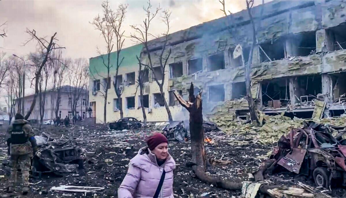 The aftermath of an attack on Mariupol Hospital in Mariupol, Ukraine, on March 9, 2022, in this image taken from video provided by the Mariupol City Council. (Mariupol City Council via AP)