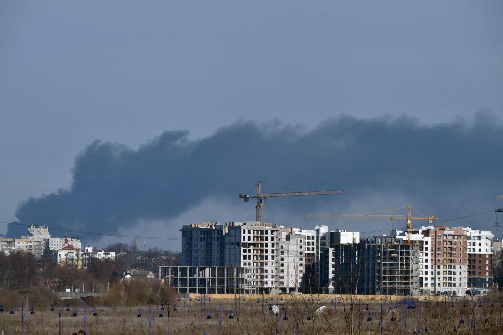Smoke rises over Irpin, north of Kyiv, Ukraine, on March 12, 2022. (SERGEI SUPINSKY/AFP via Getty Images)