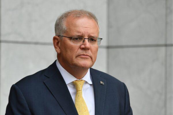 Prime Minister Scott Morrison at a press conference after a National Security Committee meeting at Parliament House in Canberra, Australia, on March 1, 2022. (AAP Image/Mick Tsikas)