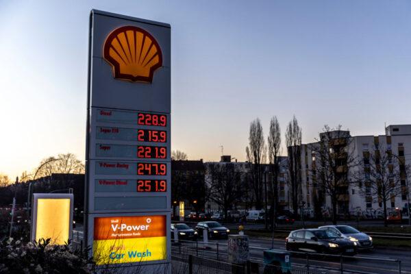 A board showing gasoline prices at over EUR 2.00 per litre is seen at a petrol station in Berlin, Germany, on March 13, 2022. (Photo by Maja Hitij/Getty Images)