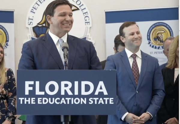 Fla. Gov. Ron DeSantis takes questions from reporters at a press conference and signing of a new education bill in St. Petersburg, Fla., on March 15, 2022. (The Florida Channel)