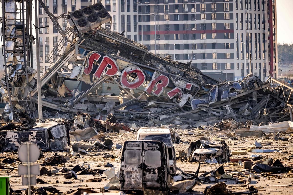 A picture taken on March 21, 2022, shows a view of the damage at the Retroville shopping mall, a day after it was shelled by Russian forces in a residential district in the northwest of the Ukranian capital Kyiv. (Fadel Senna/AFP via Getty Images)