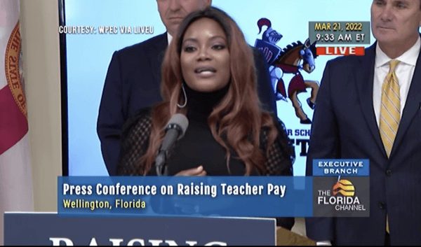 Fifth-grade teacher and U.S. Army veteran Tiqkia Barrow spoke at a press conference at Renaissance Charter School at Wellington, Fla., on March 21, 2022. (The Florida Channel)