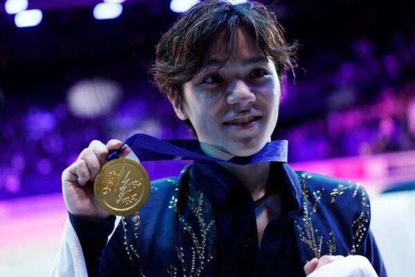 Japan's gold medalist Shoma Uno celebrates after winning the men's free skating at the World Figure Skating Championships in Montpellier, France, on March 26, 2022. (Juan Medina/Reuters)