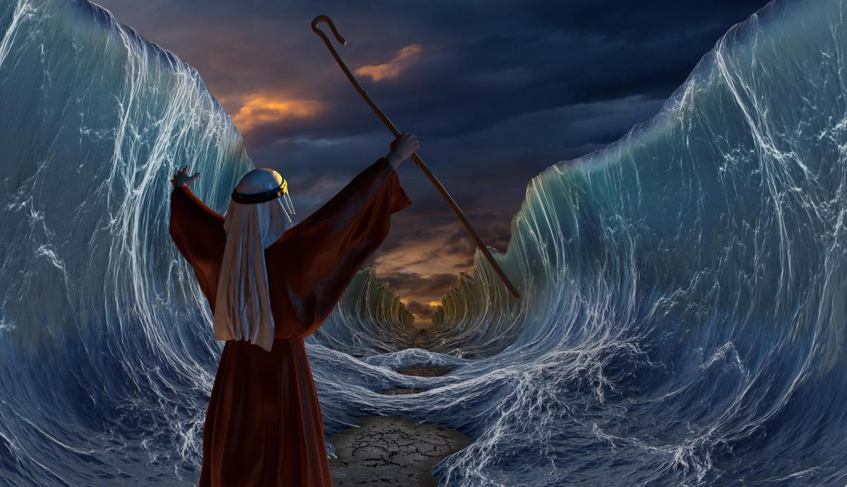 An illustration depicts God parting the Red Sea, allowing Moses and the Israelites to cross the corridor of water. (Illustration - vlastas/Shutterstock)
