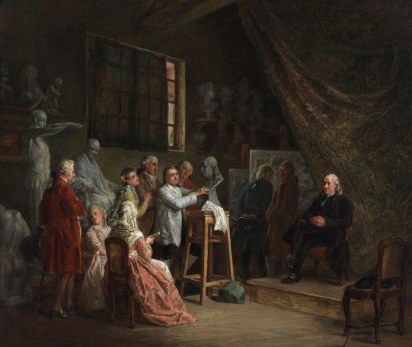 "Benjamin Franklin in the studio of French sculptor Jean Antoine Houdon," by Lèon-Marie-Constant Dansaert. Diplomatic Reception Rooms, U.S. Department of State. (Public Domain)
