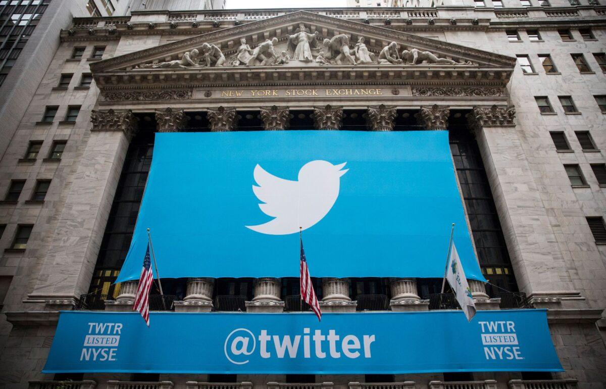 The Twitter logo is displayed on a banner outside the New York Stock Exchange (NYSE) in New York, on Nov. 7, 2013. (Andrew Burton/Getty Images)