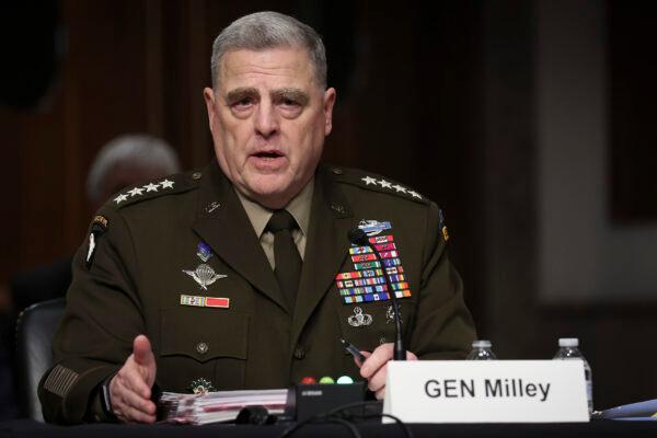 General Mark Milley, Chairman of the Joint Chiefs of Staff, testifies before the Senate Armed Services Committee in Washington D.C. on April 7, 2022. (Win McNamee/Getty Images)