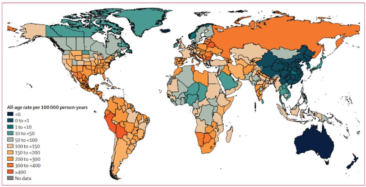 Global distribution of estimated excess-mortality rate due to the Covid-19 pandemic, for the cumulative period, 2020–21.