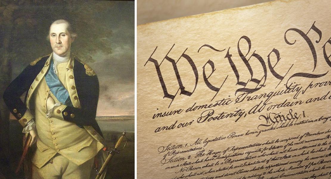 (Left) "George Washington" by Charles Willson Peale, 1776 (Courtesy ofBrooklyn Museum/Dick S. Ramsay Fund); (Right) The Constitution of the United States of America (Rich Koele/Shutterstock).