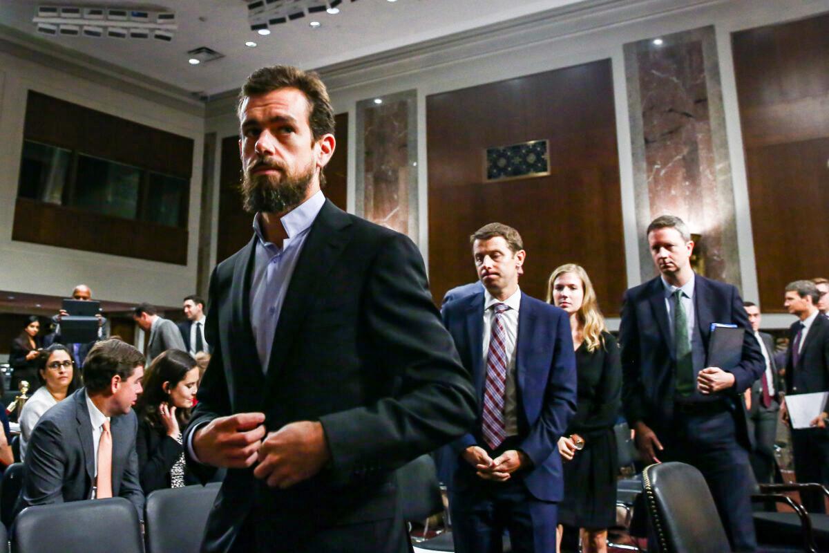 Jack Dorsey, CEO of Twitter, testifies at a hearing to examine foreign influence operations' use of social media platforms before the Intelligence Committee at the U.S. Capitol on Sept. 5, 2018. (Samira Bouaou/The Epoch Times)