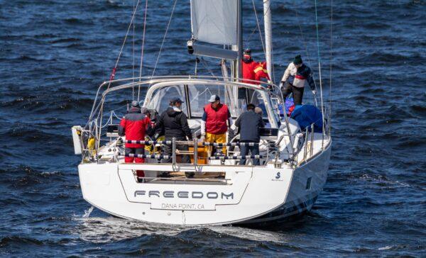 Sailors partake in the Newport to Ensenada International Yacht Race off the coast of Newport Beach, Calif., on April 22, 2022. (John Fredricks/The Epoch Times)