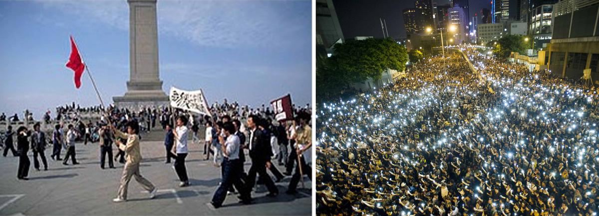 Left: Students protest on Tiananmen Square during the democracy demonstrations in 1989. (Jiří Tondl/CC-BY-SA-4.0); Right: Pro-democracy protesters in Hong Kong in 2019. (Xaume Olleros/AFP via Getty Images)