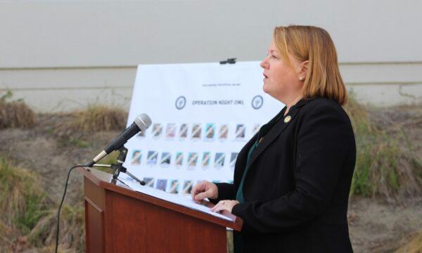 U.S. Attorney Tracy L. Wilkison speaks at a press conference to discuss federal indictments charging 31 members and associates of the Mexican Mafia in Orange, Calif., April 27, 2022. (Brandon Drey/The Epoch Times)
