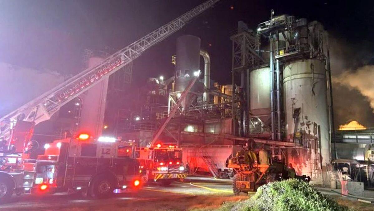 Firefighters respond to an industrial fire that threatened a Perdue Farms facility in Virginia on April 30, 2022. (Chesapeake, Virginia Fire Department)
