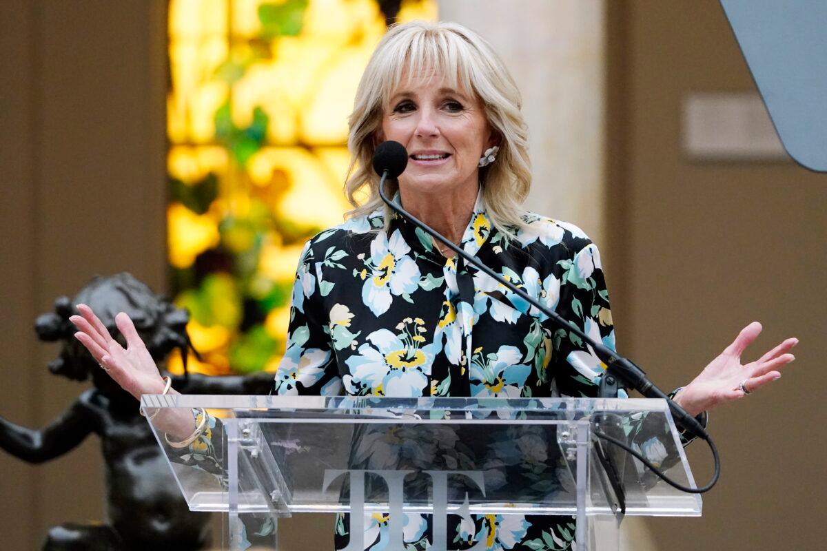 First Lady Jill Biden speaks at the unveiling of the Met Museum Costume Institute's exhibit "In America: A Lexicon of Fashion" in New York on May 2, 2022. (Charles Sykes/Invision/AP)