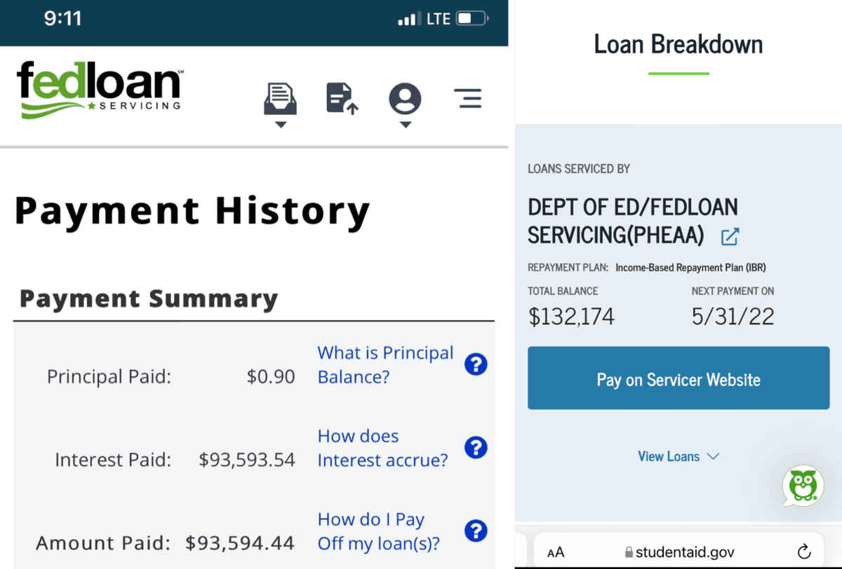 Screenshots showing the loan repayments and debt outstanding on a 59-year-old woman's student loan. (Provided to The Epoch Times)