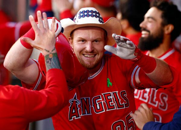 Chad Wallach #35 of the Los Angeles Angels celebrates a three-run home run against the Tampa Bay Rays in the third inning at Angel Stadium of Anaheim, in Anaheim, Calif., on May 10, 2022. (Ronald Martinez/Getty Images)