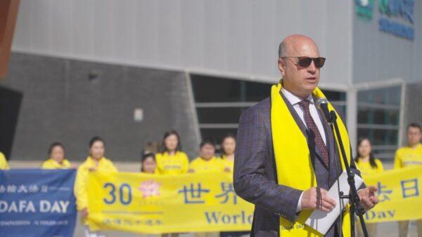 Mitch Panciuk, mayor of Belleville, Ontario, speaks during a flag-raising ceremony celebrating the 30th anniversary of the spread of the spiritual practice of Falun Dafa on May 11, 2022. (Arek Rusek/The Epoch Times)