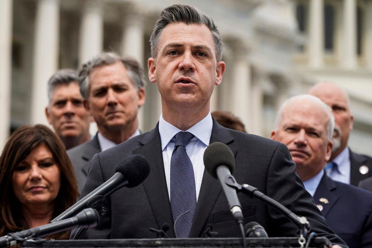 Rep. Jim Banks (R-Ind.) speaks to the media with members of the Republican Study Committee about Iran in Washington on April 21, 2021. (Joshua Roberts/Getty Images)
