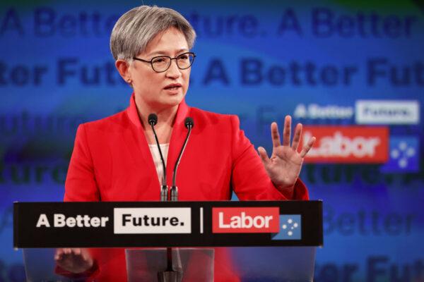 Shadow Foreign Affairs Minister Penny Wong speaks during the Labor Party election campaign launch at Optus Stadium in Perth, Australia, on May 1, 2022. (Paul Kane/Getty Images)
